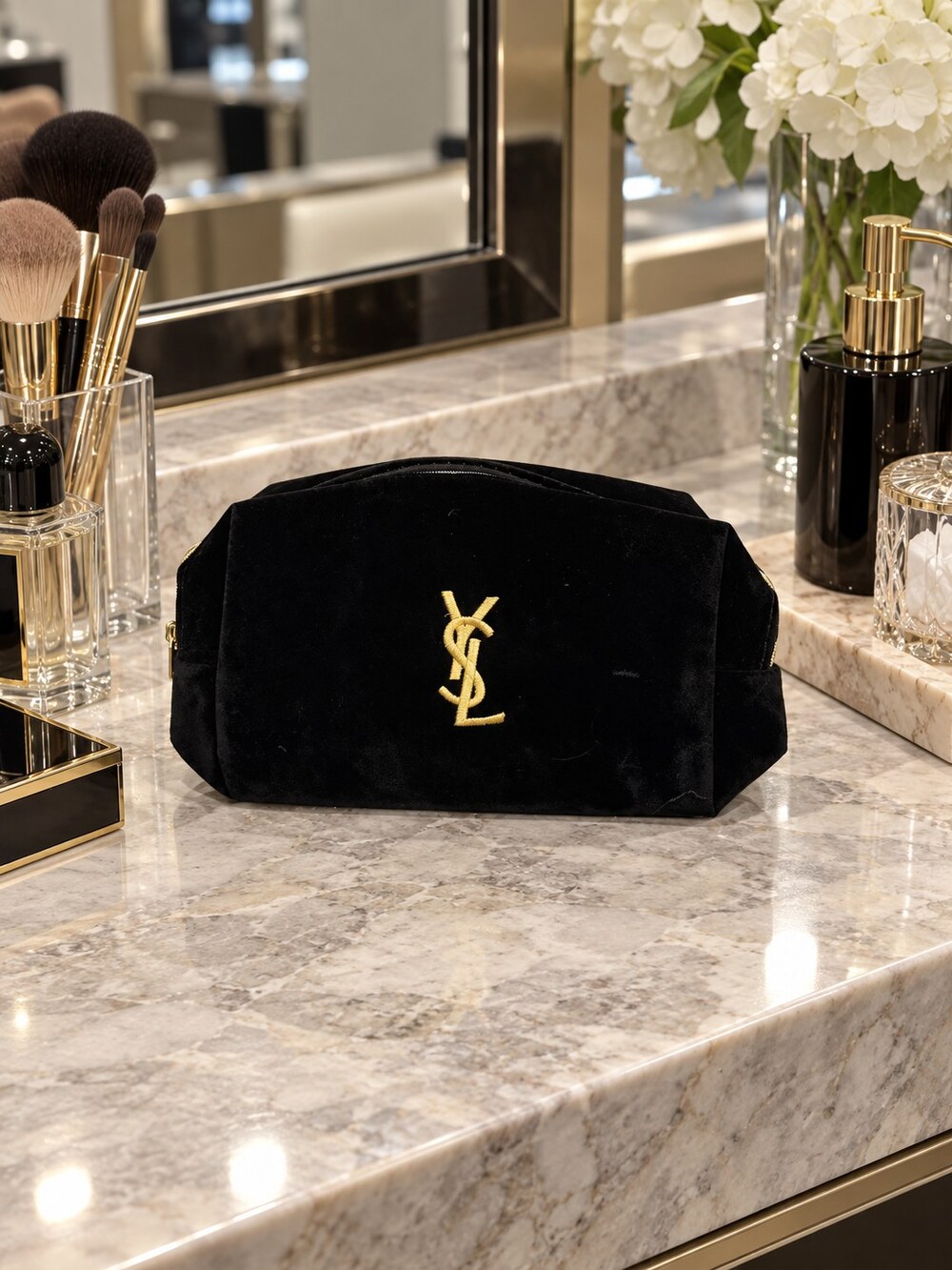 Yves Saint Laurent Black Velvet Makeup Bag | Soft Velvet Texture - Picture 5 of 6